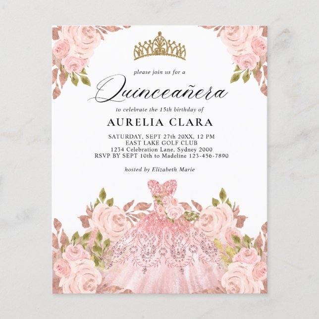 BUDGET Rosegold Rosa Dress Blommigt 15 Quinceañera (Framsida)
