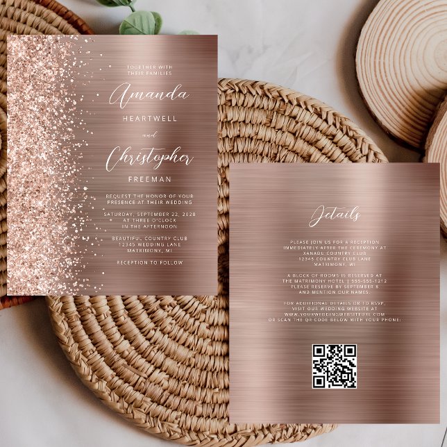 Budget Roséguld Glam QR-kod Bröllopsinbjudan (Skapare uppladdad)