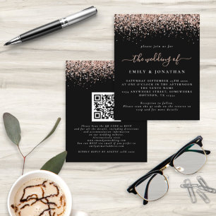 Budget Roséguld Glitter QR Svart Bröllopsinbjudan