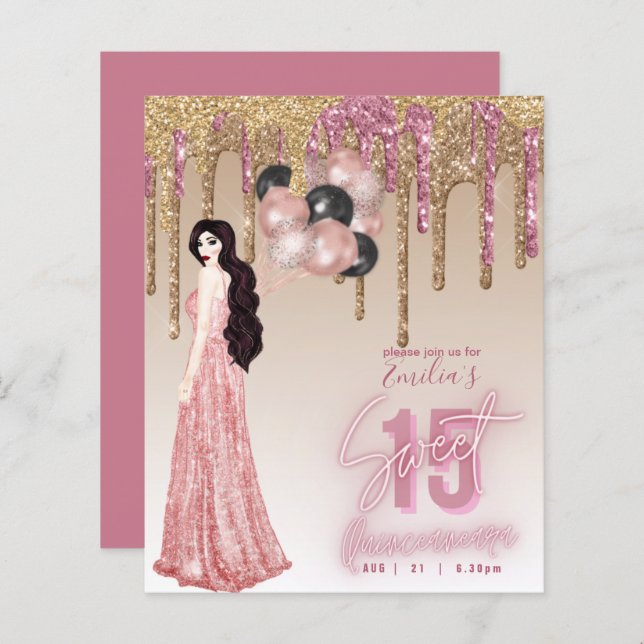 Budget Roséguld Glitter Quinceanera Brunett (Fram/baksida)