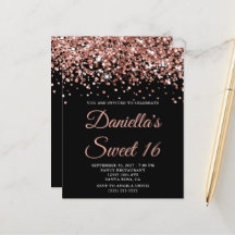 Budget Roséguld Glitter Svart Sweet 16 Inbjudan