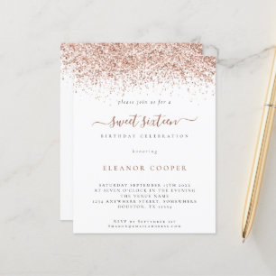 Budget Roséguld Glitter Sweet 16 Glam Inbjudan