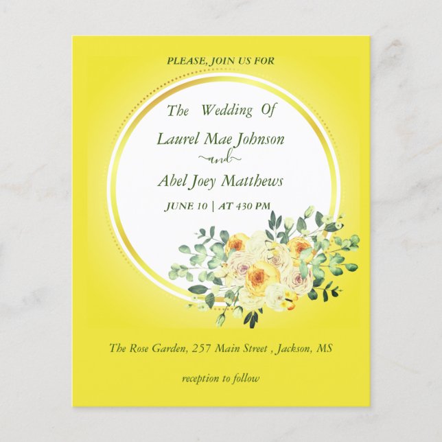 Budget. Rosor på gul bakgrund Inbjudan (Framsida)