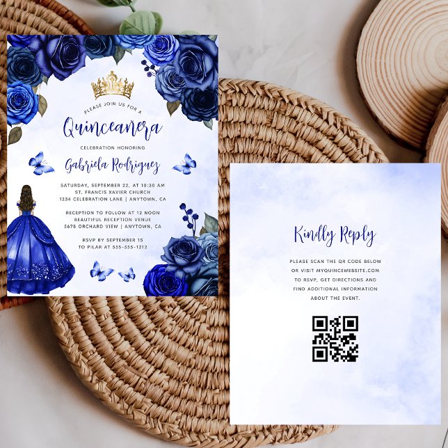Budget Royal Blå Blommig QR-kod Quinceañera (Skapare uppladdad)