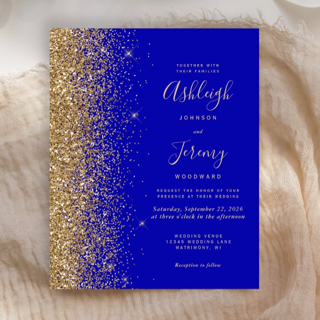 Budget Royal Blå Guld Glitter Bröllopsinbjudan (Skapare uppladdad)