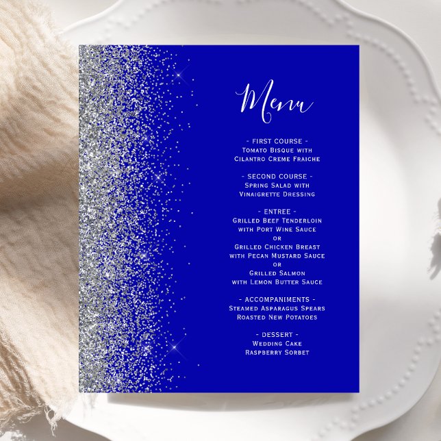 Budget Royal Blå Silver Glitter Kant Bröllopsmeny (Skapare uppladdad)
