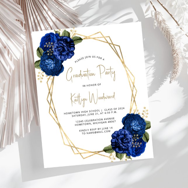 Budget Royal Blue Blommig Examenstårt Invitation (Skapare uppladdad)