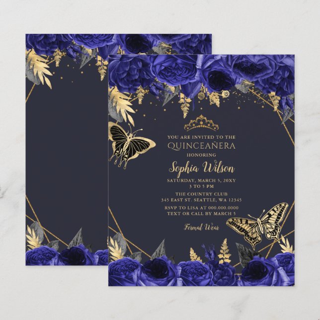 Budget Royal Blue Butterfly Quinceañera-inbjudan (Fram/baksida)