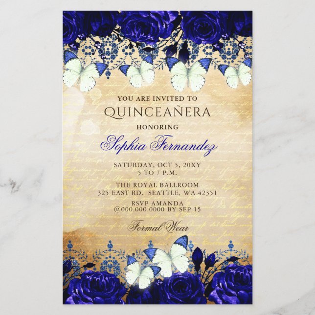 Budget Royal Blue Butterfly Quinceañera-inbjudan (Framsida)
