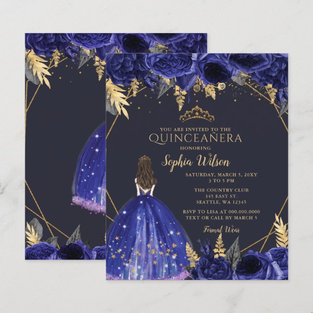 Budget Royal Blue Princess Quinceañera-inbjudan (Fram/baksida)