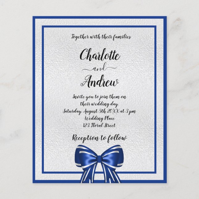 Budget royal Blue silver bovin bröllopsinbjudan (Framsida)