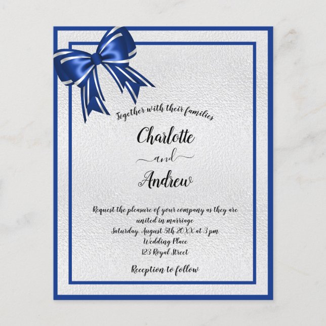 Budget royal Blue silver bovin bröllopsinbjudan (Framsida)