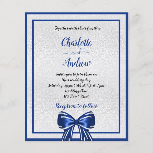 Budget royal Blue silver bovin bröllopsinbjudan (Framsida)