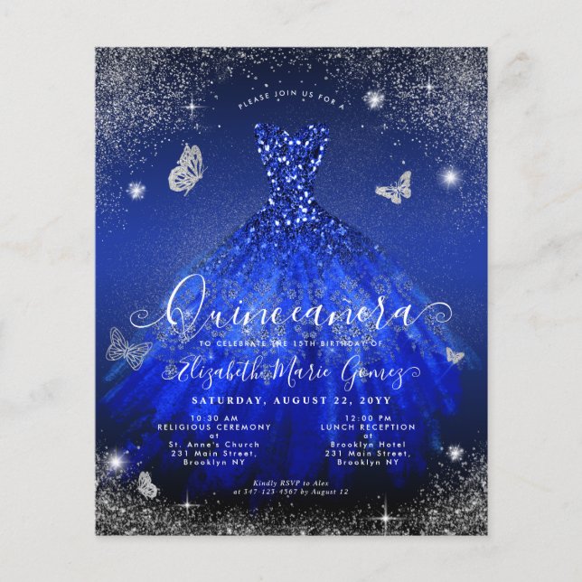 Budget Royal Blue Silverklänning Quinceanera Inbju (Framsida)