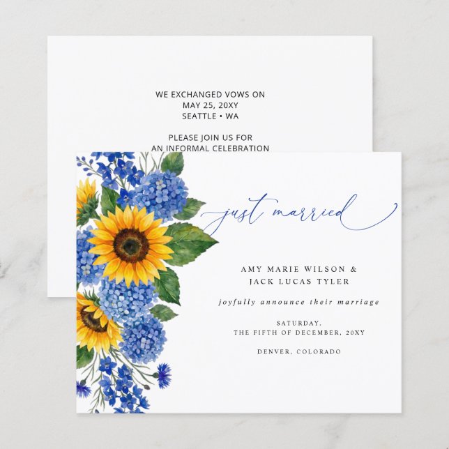 Budget Royal Blue Solros Bröllopsannonsering (Fram/baksida)
