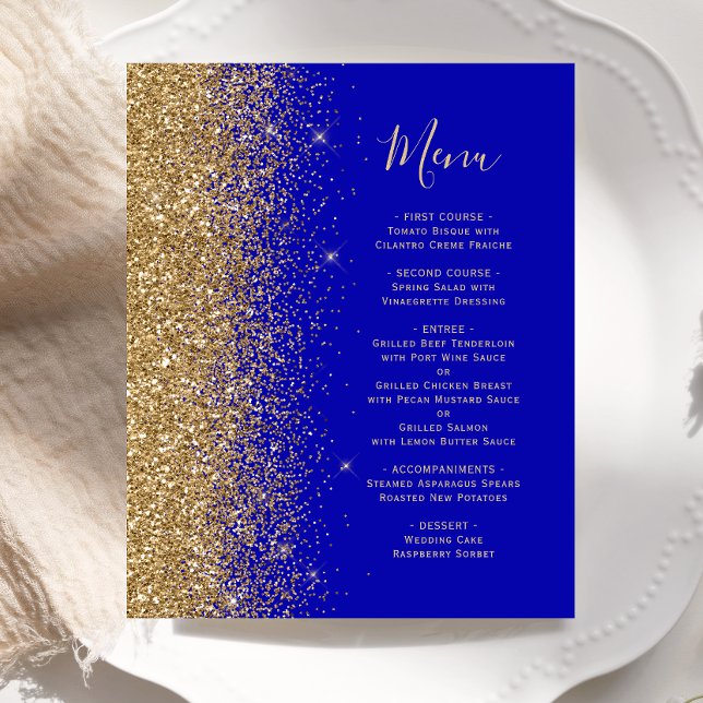 Budget Royalblå Guld Glitter Bröllopsmeny (Skapare uppladdad)