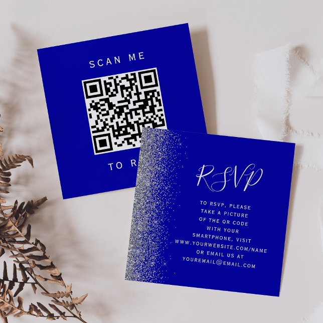Budget Royalblå Silver Bröllops QR-kod RSVP Tilläggskort (Skapare uppladdad)