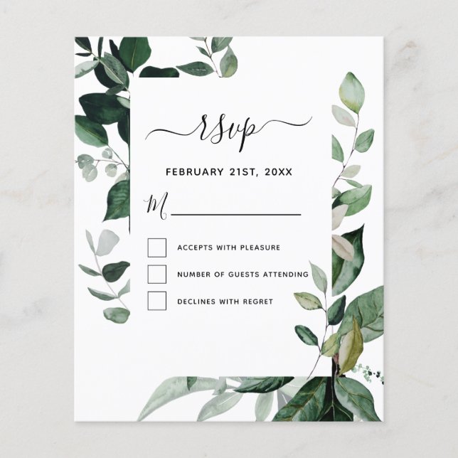 Budget RSVP Botanisk Grönska Löv Bröllop Flygblad (Framsidan)