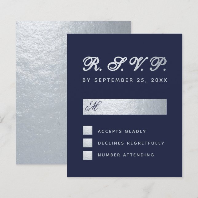 Budget RSVP Navy Blue Silver Script Bröllopskort (Fram/baksida)