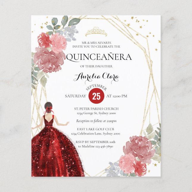 Budget Ruby Red Blommigt Geometric Quinceañera (Framsida)