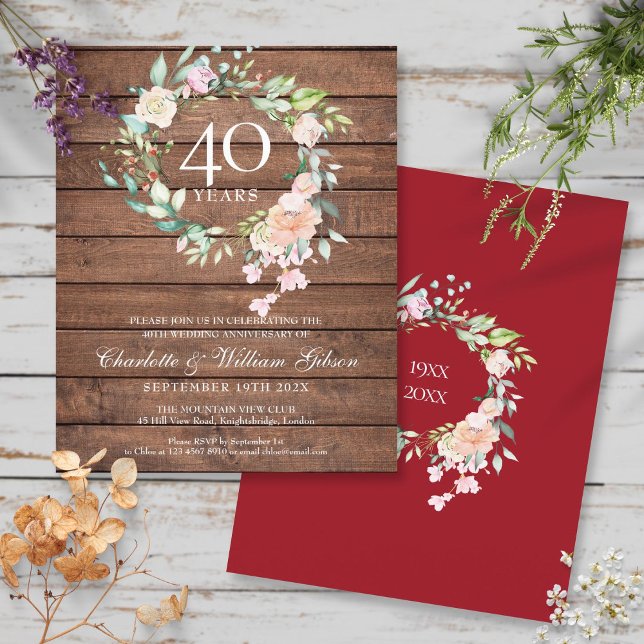 Budget Rustic 40-årsjubileum Ruby Blommig Inbjudan (Budget Rustic 40th Anniversary Ruby Floral Invite)