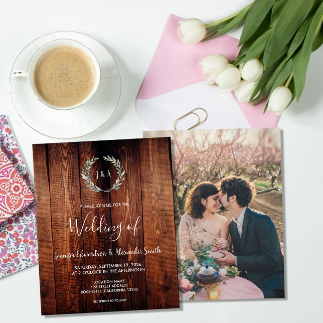 Budget rustic akvarellblad bröllopsinbjudan flygblad (Budget rustic watercolor leaves wedding invitation flyer. For your rustic country wedding.)