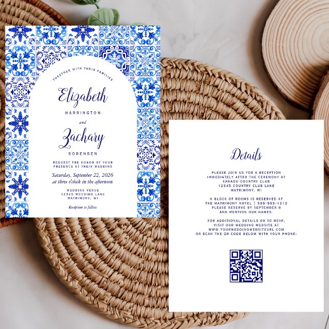 Budget Rustic Arch Blue Azulejos QR Code Bröllop (Skapare uppladdad)