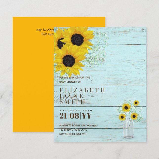 BUDGET Rustic Baby Shower Sunblommor Inbjudan (Fram/baksida)