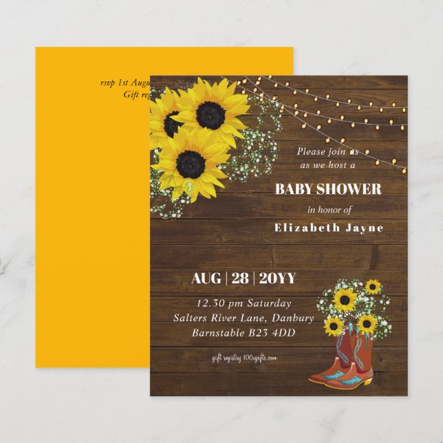 BUDGET Rustic Baby Shower Sunblommor Inbjudan (Fram/baksida)