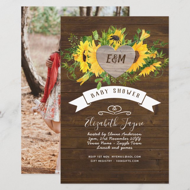 BUDGET Rustic Baby Shower Sunblommor Inbjudan (Fram/baksida)