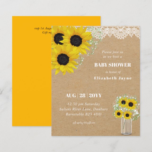 BUDGET Rustic Baby Shower Sunblommor Inbjudan (Fram/baksida)