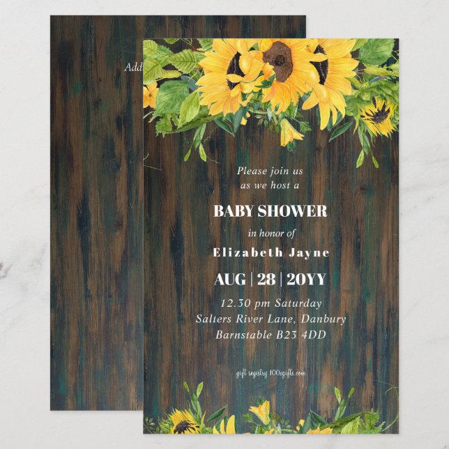 BUDGET Rustic Baby Shower Sunblommor Inbjudan (Fram/baksida)