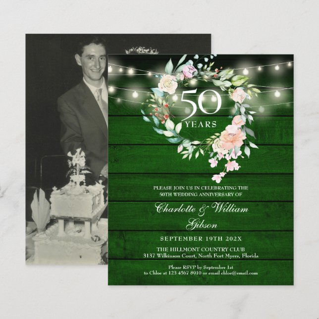 Budget Rustic Blommigt 50-årsjubileum Foto Inbjuda (Fram/baksida)