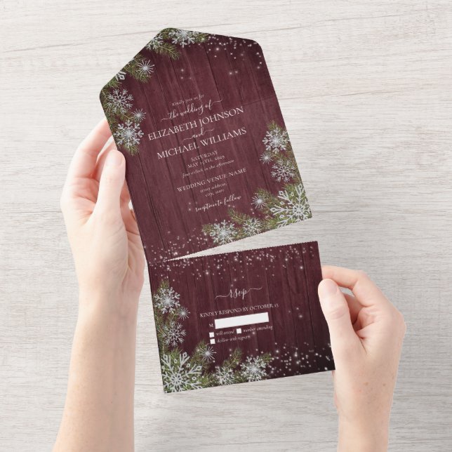 Budget Rustic Burgundy Silver Winter Wood Bröllop (Tearaway)