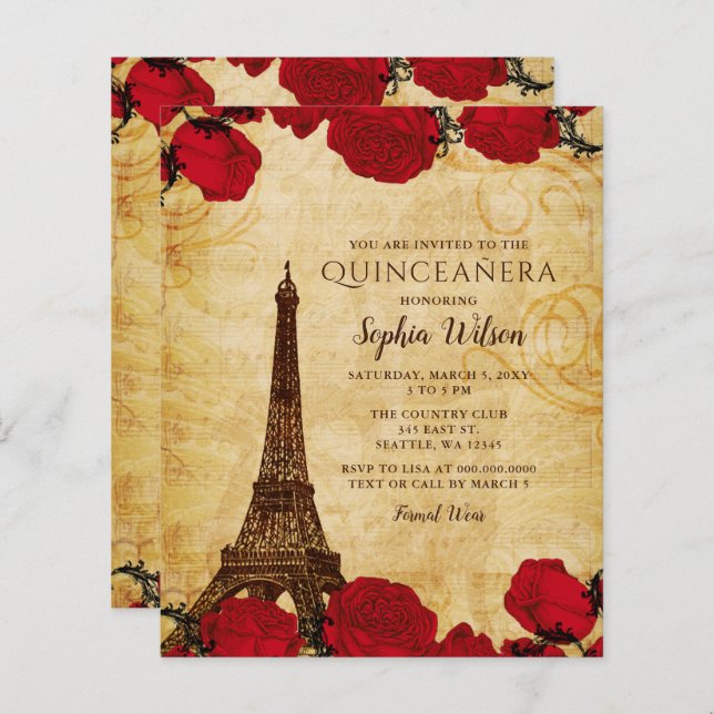 Budget Rustic Eiffel Torn Quinceañera-inbjudan (Fram/baksida)