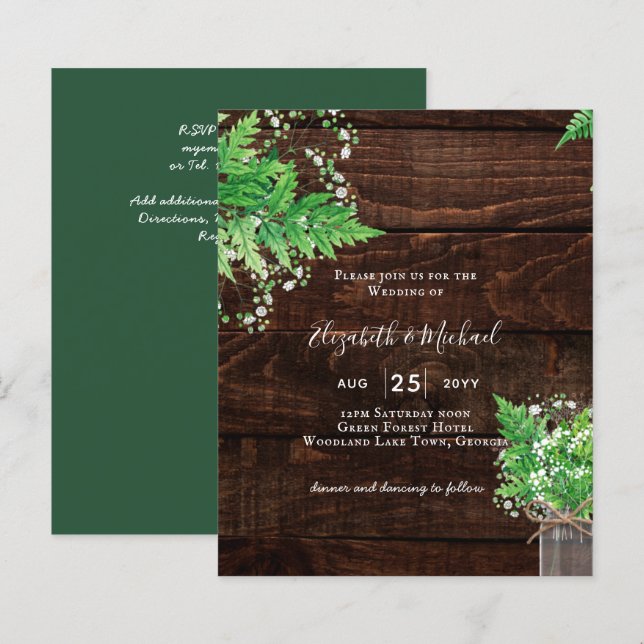 BUDGET Rustic Ferns Greenery Chic Wedding bjudande (Fram/baksida)