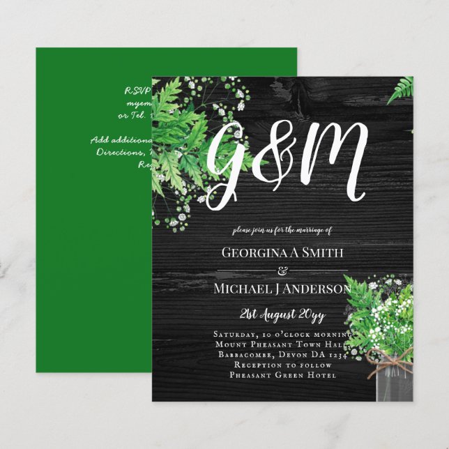 BUDGET Rustic Ferns Greenery Chic Wedding bjudande (Fram/baksida)