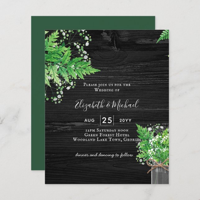 BUDGET Rustic Ferns Greenery Chic Wedding bjudande (Fram/baksida)