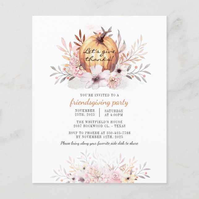 Budget Rustic Friendsgiving Blommigt Fall Pumpkin Flygblad (Framsidan)