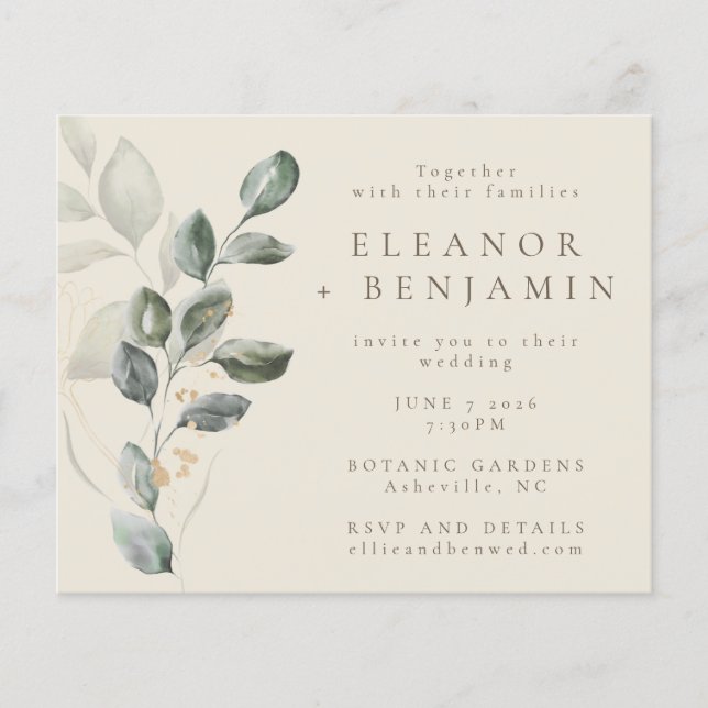 Budget Rustic Guld Greenery Wedding bjudande in (Framsida)