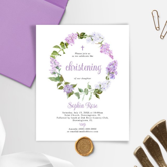 Budget Rustic Lilac Flowers Christening-inbjudan (Skapare uppladdad)