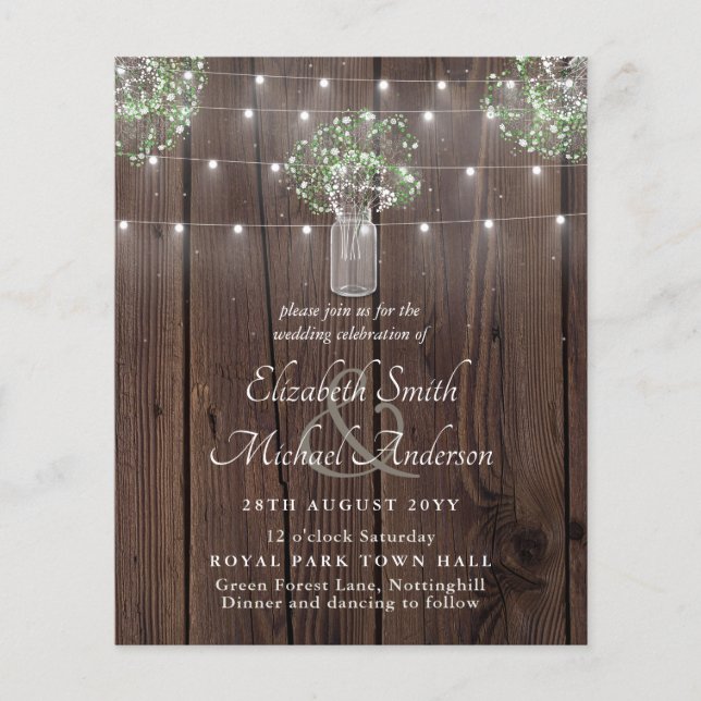 Budget Rustic Ljus Mason Burk Gypsophila Bröllop (Framsida)