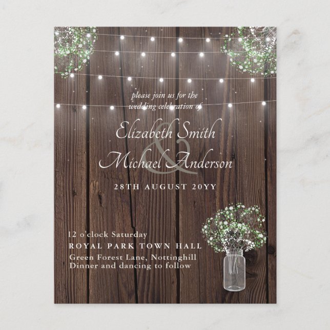 Budget Rustic Ljus Mason Burk Gypsophila Bröllop (Framsida)