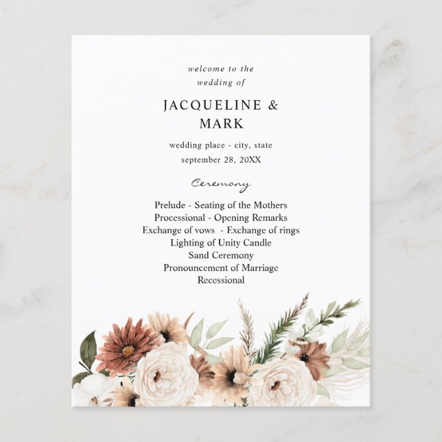 Budget Rustic Neutralt Boho Blommigt Bröllop Cerem Flygblad (Framsidan)