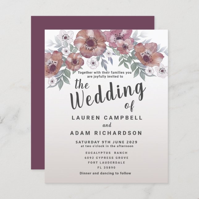 Budget Rustic Röd Orange Bröllopsinbjudan (Fram/baksida)