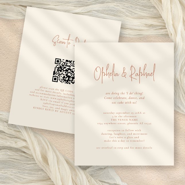 Budget Rustic Script QR Boho Cream bröllopsinbjuda (Front and back view)