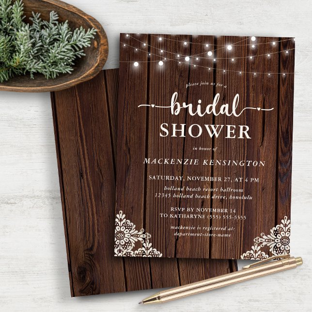 BUDGET Rustic Snöre Wood String Light Möhippa (BUDGET Rustic Lace Wood String Light Bridal Shower Invitation)