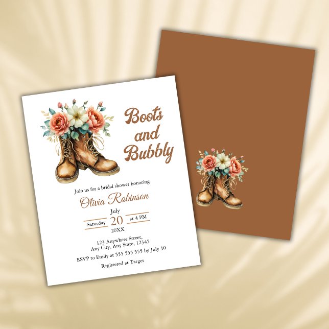Budget Rustic Stövlar & Bubbly Bröllopsfest Inbjud (Budget Rustic Boots and Bubbly Western Country Bridal Shower Invitation )