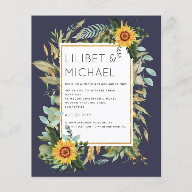 Budget Rustic Sunblommor BOHO Greenery Bröllop Inv Flygblad (Framsidan)