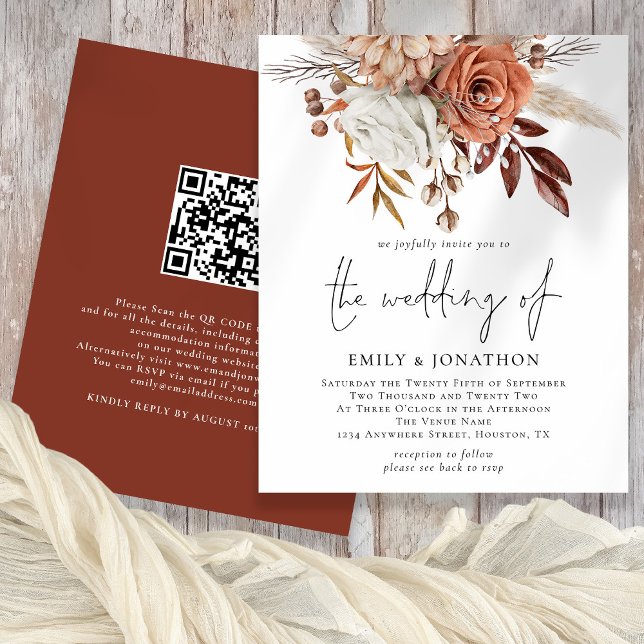 Budget Rustic Terracotta Blommigts QR-koden Bröllo (Front and back view)